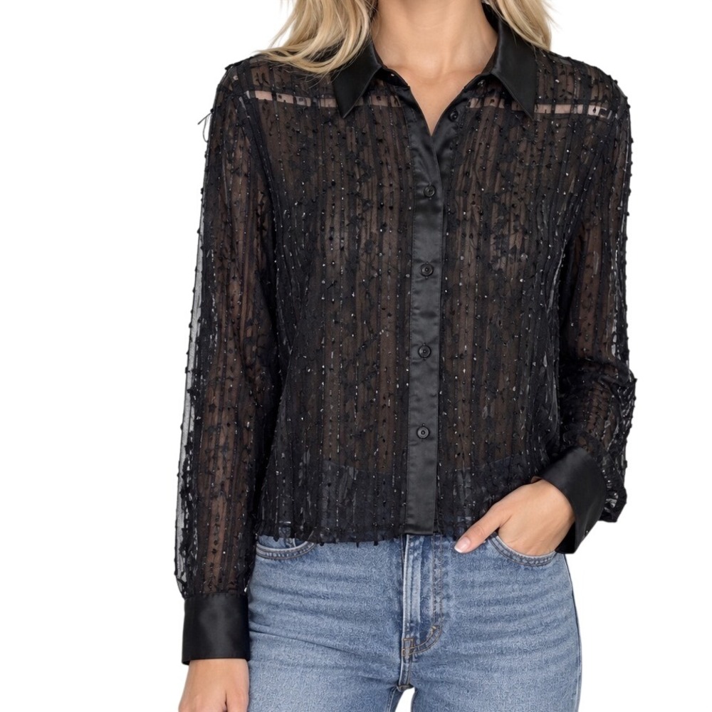 Tribal Size 14 Women's Black Sheer Mesh Sequin Button Up Collared Blouse large